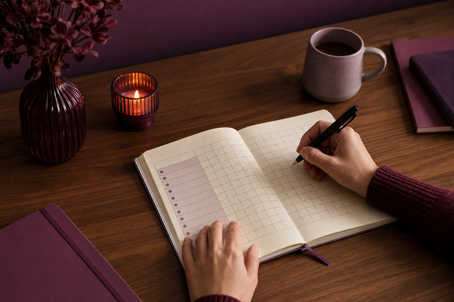 Hands writing in a habit tracking journal on a wooden desk